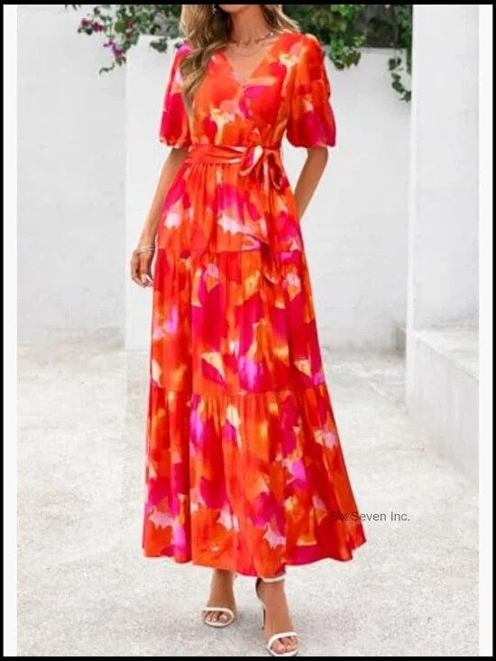 Summer Maxi Dress V-Neck Puff Sleeve Flowy Boho Floral Beach Dress - Picture 5 of 7